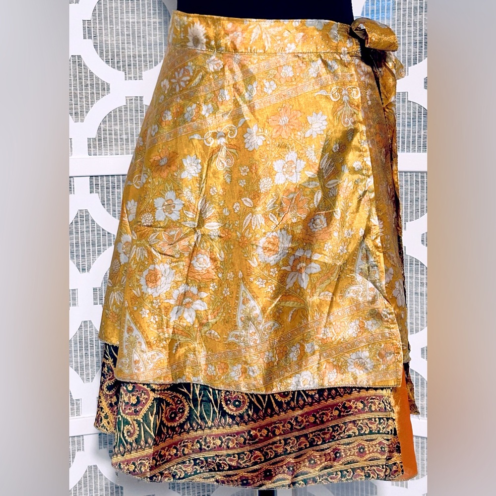 100% SILK PATHS OF THE SPIRIT SARONG SKIRT WRAP PATCHWORK FLORAL GOLD YELLOW